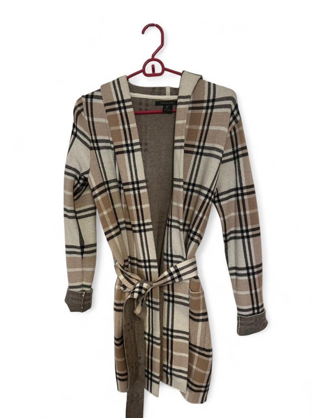 Tahari Plaid Open-Front Wrap Cardigan Jacket in Beige and Brown